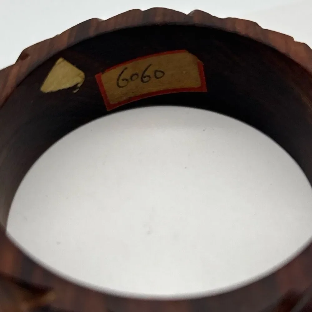 Vintage Carved Wood‎ Bangle Bracelet Wide Dark Brown Chunky Mid Century